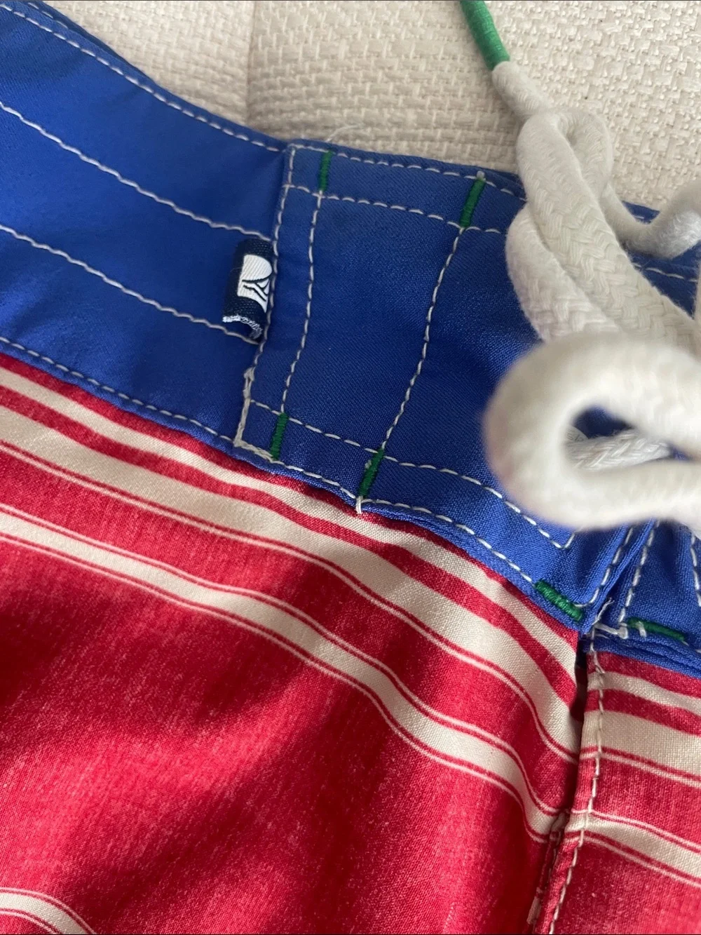 Sperry Red Striped Swim Board Shorts with Blue Waistband